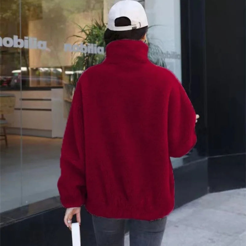 Casaco feminino de inverno em fleece coral duplo, quente, com gola alta, grosso e macio, estilo sobretudo feminino casual, manga comprida e zíper.