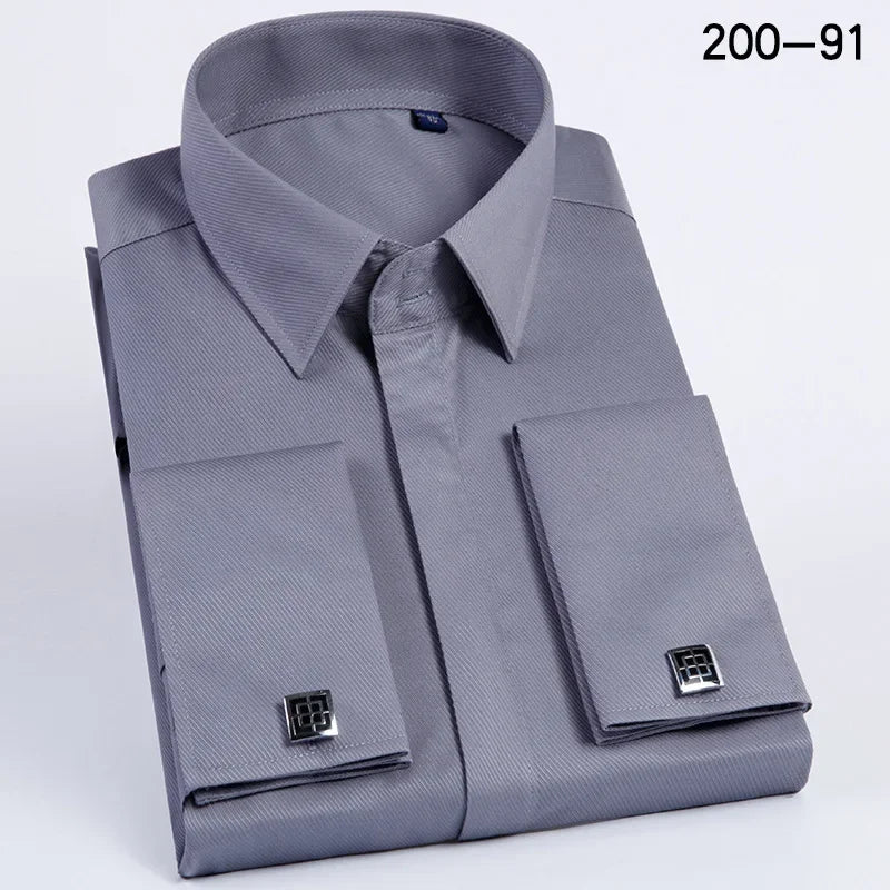 Qualidade masculina abotoaduras francesas camisa botão escondido camisa masculina manga longa casual fino ajuste manguito camisas de vestido (abotoaduras incluídas)
