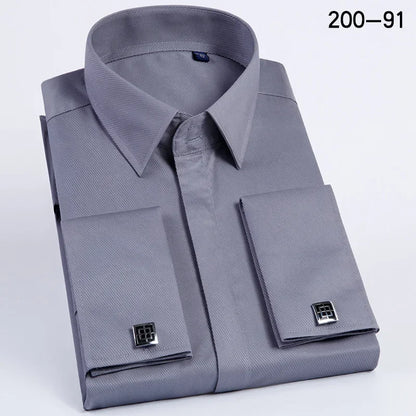 Qualidade masculina abotoaduras francesas camisa botão escondido camisa masculina manga longa casual fino ajuste manguito camisas de vestido (abotoaduras incluídas)
