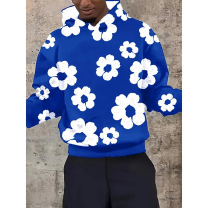 Men'S Casual Black Hoodie with White Floral Print Trendy Long Sleeve Pullover Regular Fit Slight Stretch Fabric Y2K Streetwear