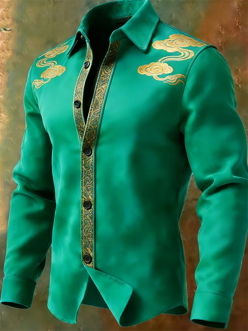 Nova camisa masculina retrô com padrão multicolorido e estampa 3D de nuvens, camisa casual marrom de manga comprida para o dia a dia.