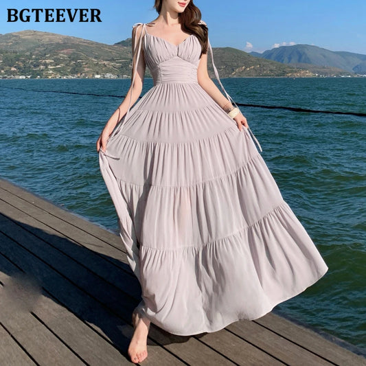 Bgteever elegante rendas cinta de espaguete feminino longo sem costas vestido de verão com decote em v cintura fina senhoras sem mangas vestido linha a
