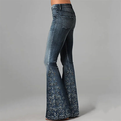 Novas Calças Jeans Flare Femininas com Estampa Digital 3D, Cintura Alta, Ajuste Slim, Denim Elástico, Estilo Casual e Moderno para Uso Diário