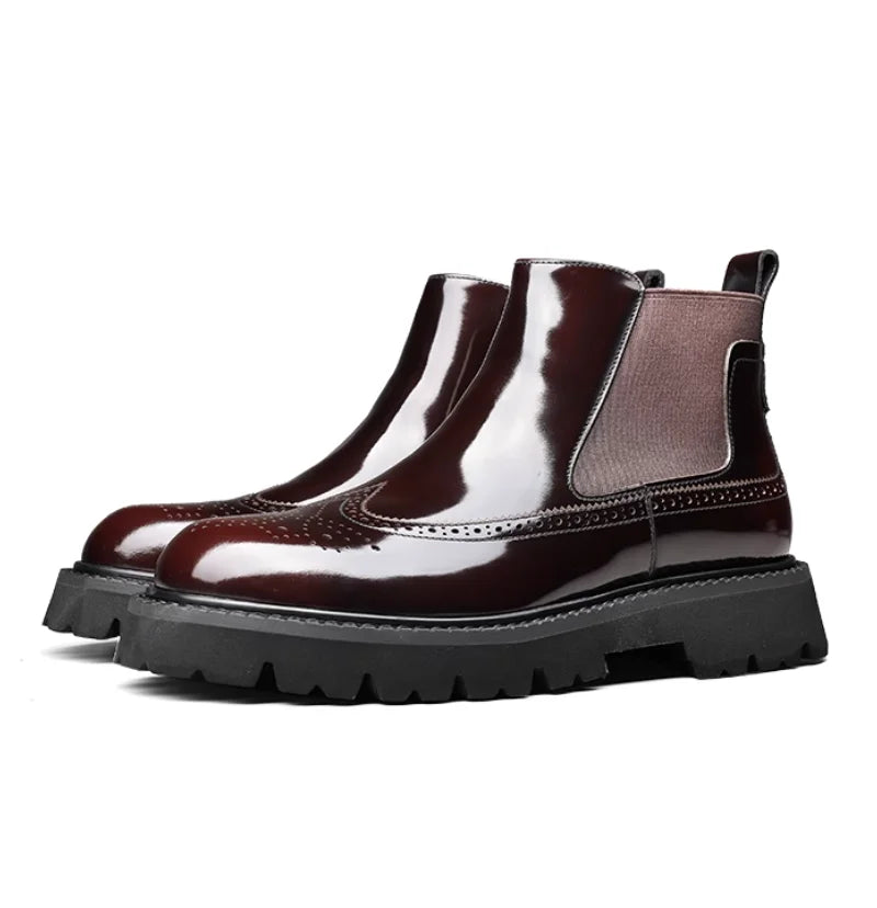 Estilo britânico masculino couro genuíno chelsea brogue em relevo botas curtas de alta qualidade sapatos de negócios sola grossa brilhante