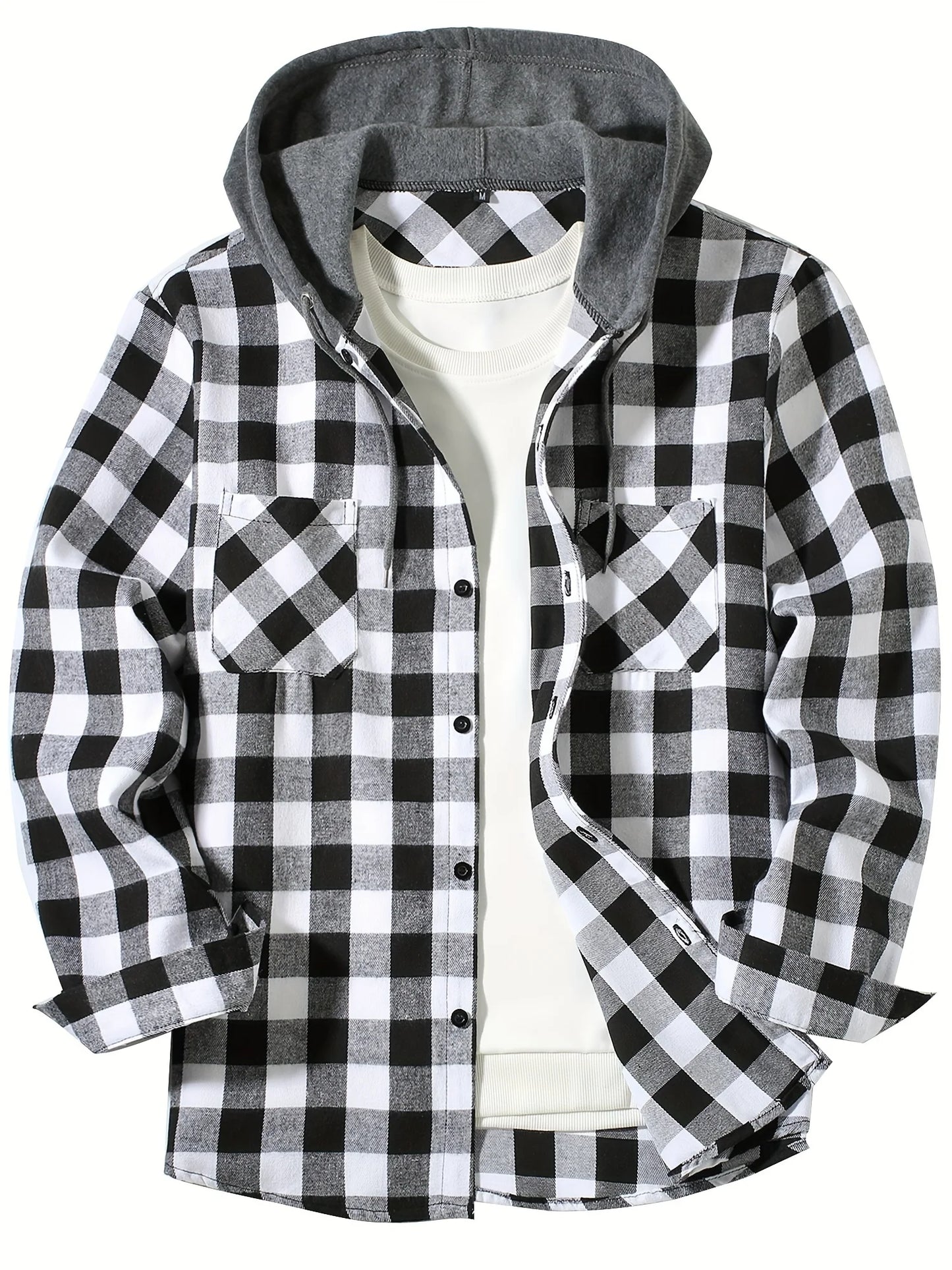 Camisa masculina xadrez com capuz, modelo folgado, para primavera e outono, tamanhos grandes, estilo casual e moderno, mangas compridas, do P ao 3XG.