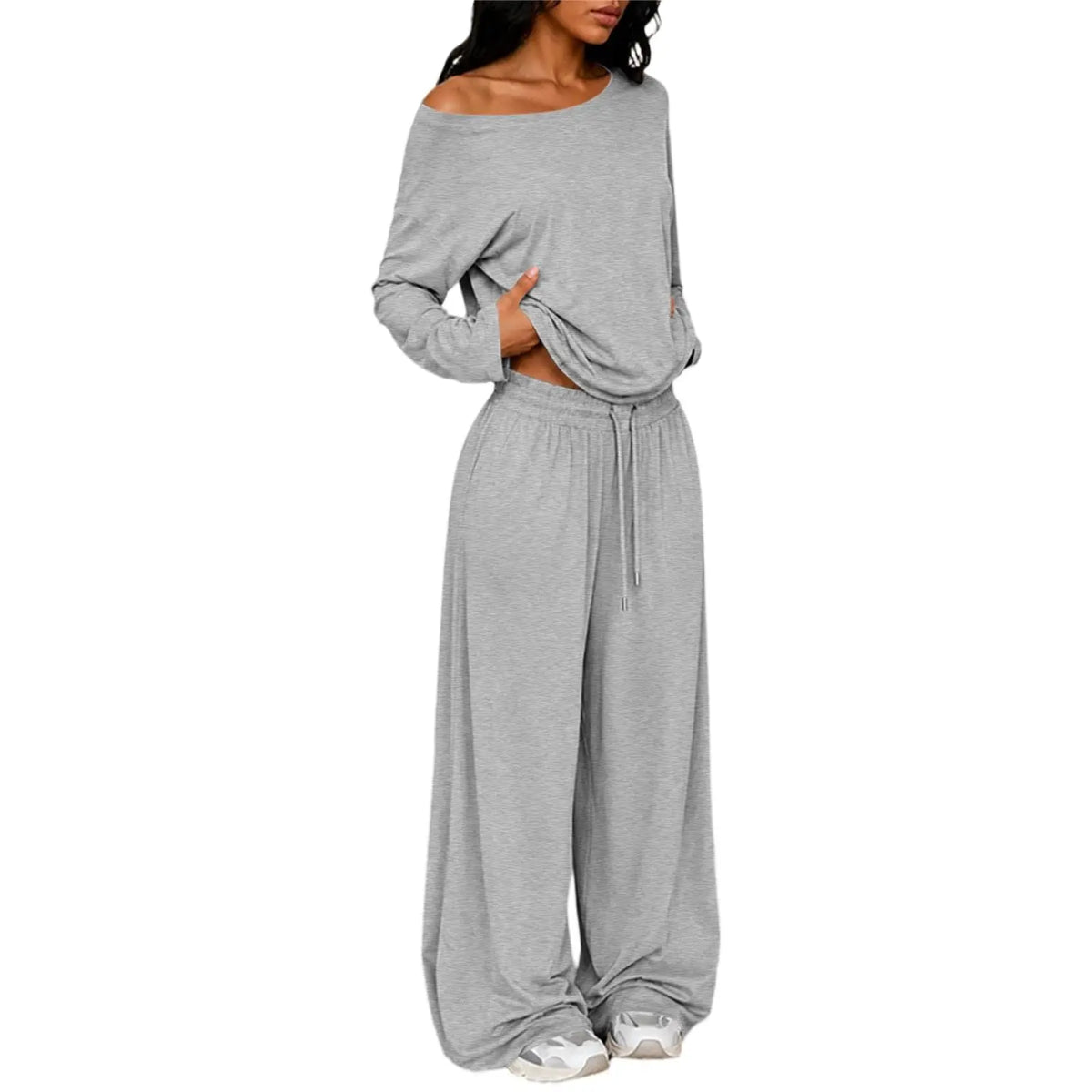 Conjunto Feminino de 2 Peças: Blusa Ombro a Ombro de Manga Longa Solta e Calça Pantalona com Cordão e Bolsos – Macio e Casual