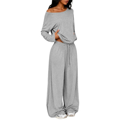 Conjunto Feminino de 2 Peças: Blusa Ombro a Ombro de Manga Longa Solta e Calça Pantalona com Cordão e Bolsos – Macio e Casual