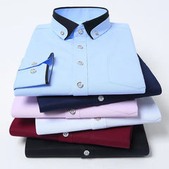 Camisa de negócios masculina manga longa botão para baixo camisa social anti-rugas escritório camisa masculina manga longa cor preta casual