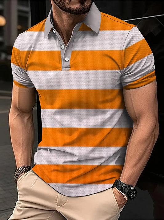2026 Summer Men's Polo Shirt with Stripes Print Breathable Lightweight Casual Fashionable Outdoor Men's Clothing