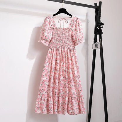Verão plissado mulheres vestidos de chiffon casual praia férias manga curta gola quadrada mulher midi vestido boêmio mujer vestidos