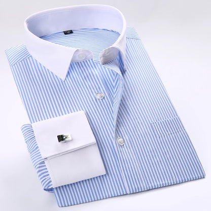 Camisa masculina com gola espalhada, punho francês, manga comprida, botões formais de negócios, camisas de casamento masculinas, ajuste regular, camisa com abotoaduras