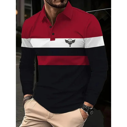 Classic minimalist striped long-sleeved men's polo shirt, fashionable autumn and winter men's casual golf oversized sportswear