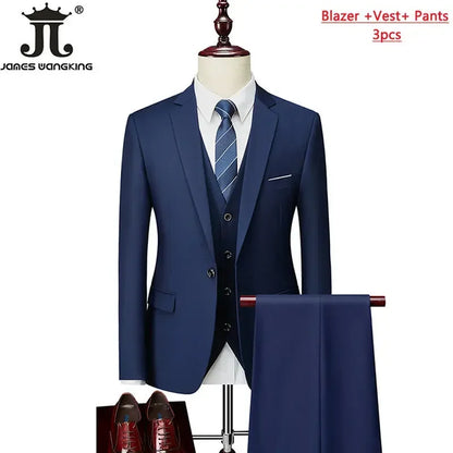 Conjunto de Terno Masculino de 3 Peças (Blazer + Colete + Calça) Tamanhos EUA XXS-3XL, Cor Sólida, Estilo Boutique, para Negócios Oficiais, Casamentos e Festas