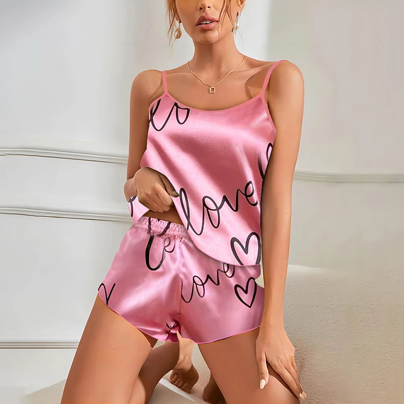 Conjunto de pijama de cetim com estampa de coração para mulheres sexy decote em v pijamas verão cami tops e shorts pijamas 2 peças roupas de casa