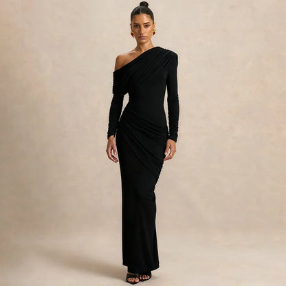 Um ombro manga longa sexy maxi vestido feminino elegante gola inclinada sem costas ruched sólido chique bodycon clube vestidos de festa