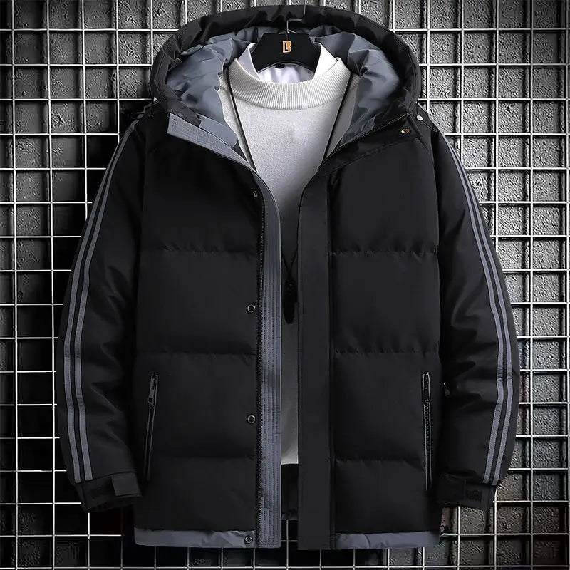 Jaqueta masculina listra moda cor combinando quente grosso high street com capuz zíper algodão-acolchoado casaco oversize cordão parka casaco