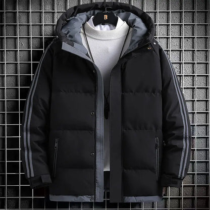 Jaqueta masculina listra moda cor combinando quente grosso high street com capuz zíper algodão-acolchoado casaco oversize cordão parka casaco