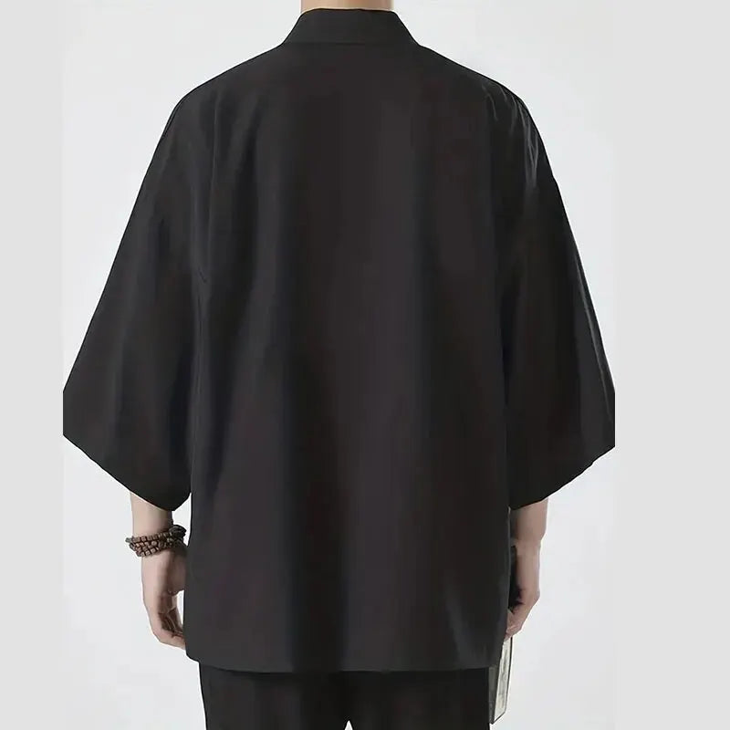 Camisas Kimono Japonesas Masculinas Casuais com Costura Aberta, Yukata Leve e Moderna, Cardigã Preto com Mangas 3/4, Ideal para Férias de Verão