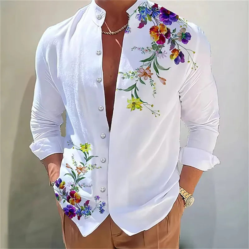 Camisa masculina de manga comprida Camisa impressa em 3D de alta qualidade, padrão floral, primavera e outono, tecido casual e elegante e confortável