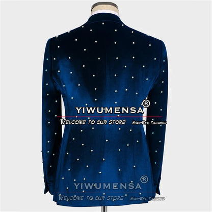 Ternos de casamento de luxo para homens noivo usar smoking artesanal pérolas jaqueta de veludo masculino banquete vestido de festa sob medida 3 peças conjunto