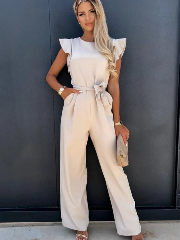 Elegante moda feminina branco borboleta manga macacão sólido casual o-pescoço cintos perna larga playsuit verão senhora do escritório macacões
