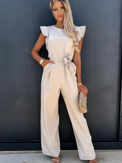 Elegante moda feminina branco borboleta manga macacão sólido casual o-pescoço cintos perna larga playsuit verão senhora do escritório macacões