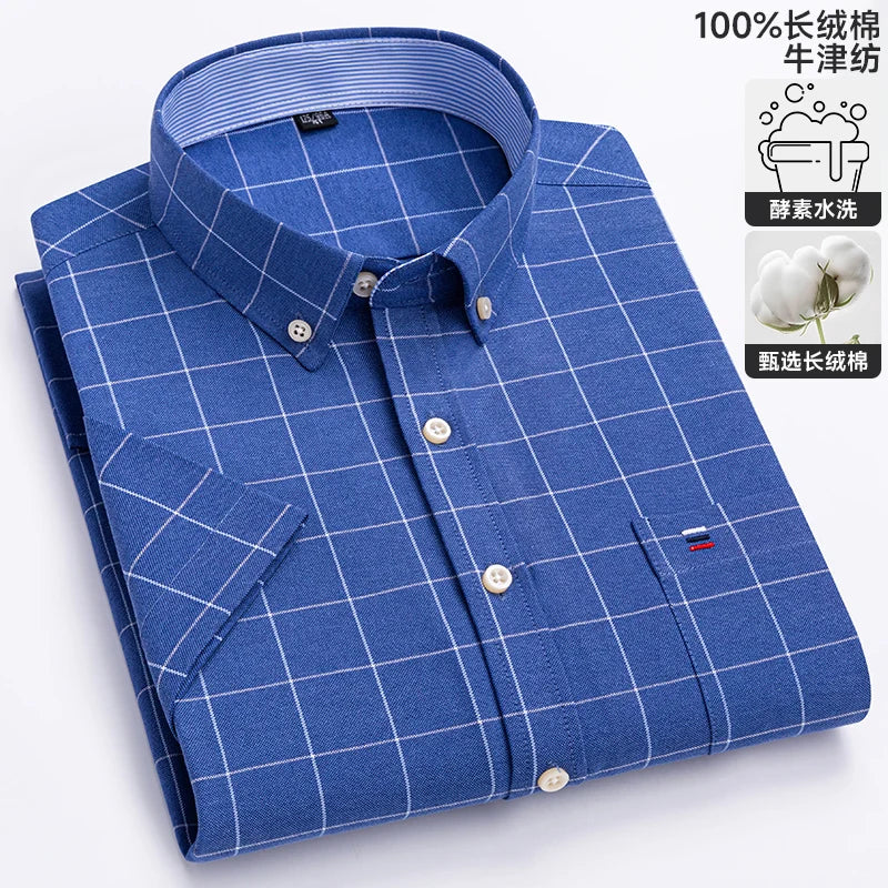 100% algodão puro oxford camisas masculinas manga curta xadrez macio regular ajuste formal vestido camisa blusa social roupas masculinas 6xl 7xl