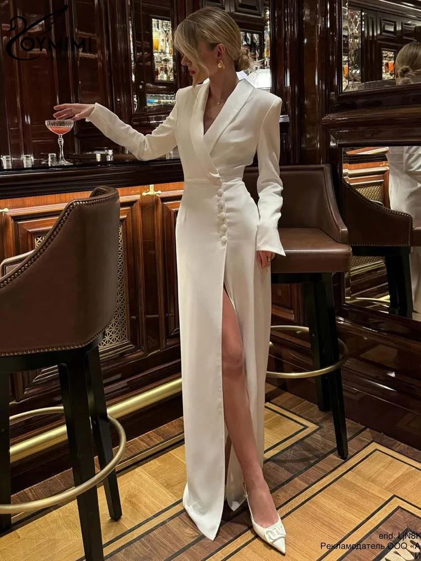 Vestido feminino elegante branco com lapela da Oymimi, manga comprida, abotoamento simples, modelagem reta e corte reto, perfeito para o outono.