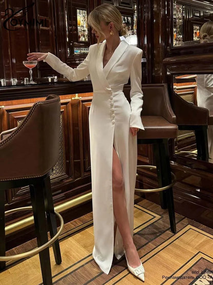 Vestido feminino elegante branco com lapela da Oymimi, manga comprida, abotoamento simples, modelagem reta e corte reto, perfeito para o outono.