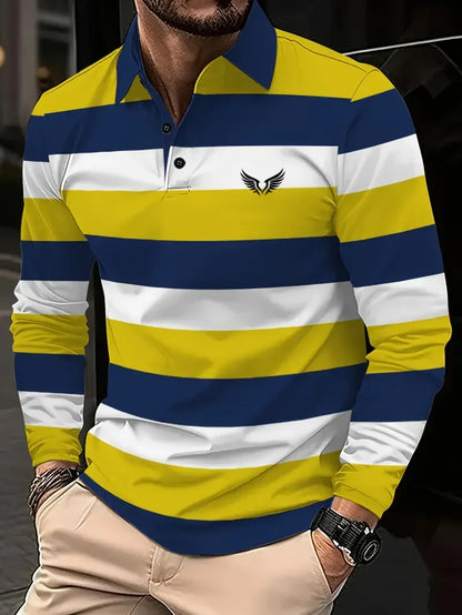 Classic minimalist striped long-sleeved men's polo shirt, fashionable autumn and winter men's casual golf oversized sportswear