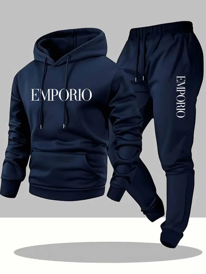 Conjunto de agasalho de cor sólida masculino, moletom quente de inverno com capuz e corredores, roupa casual streetwear, roupas atléticas de treino de ginástica