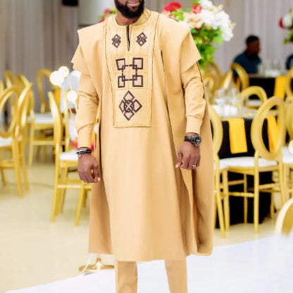 Conjunto H&D Africano de 3 Peças (Top e Calça) para Homens, Bordado Amarelo, Roupa Tradicional Africana para Uso Diário, Casamento, Festa, Tamanhos Grandes, 2026