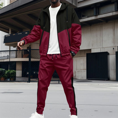 2025 new spring and fall men's hooded Waffle color matching jacket double pocket long sleeve jacket casual sports two pants suit