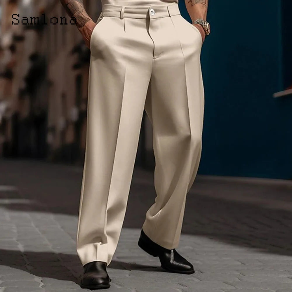 2023 masculino suporte bolso elegante calças de perna larga sólido branco festa de casamento calças plus size moda masculina botões até terno calças