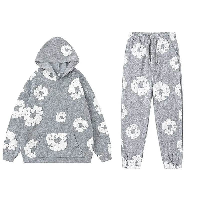 Conjunto Feminino de 2 Peças 2026: Moletom Casual Estampado de Espuma Solto + Calça - Roupa Feminina de Outono Inverno