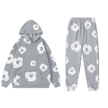 Conjunto Feminino de 2 Peças 2026: Moletom Casual Estampado de Espuma Solto + Calça - Roupa Feminina de Outono Inverno