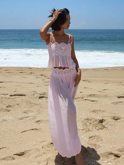 Conjunto Feminino de Calça com Top de Renda Transparente de Alças Finas e Costas Abertas, Corte Solto e Reto, Bainha Elástica, Estilo Praia Chique
