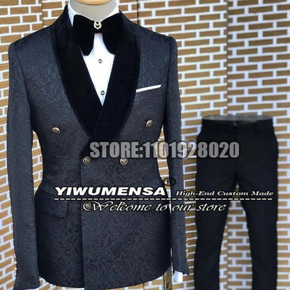 Ternos jacquard pretos para homens, slim fit, lapela repicada, veludo, conjunto de blazer duplo breasted, smoking de casamento personalizado, 3 peças 2025