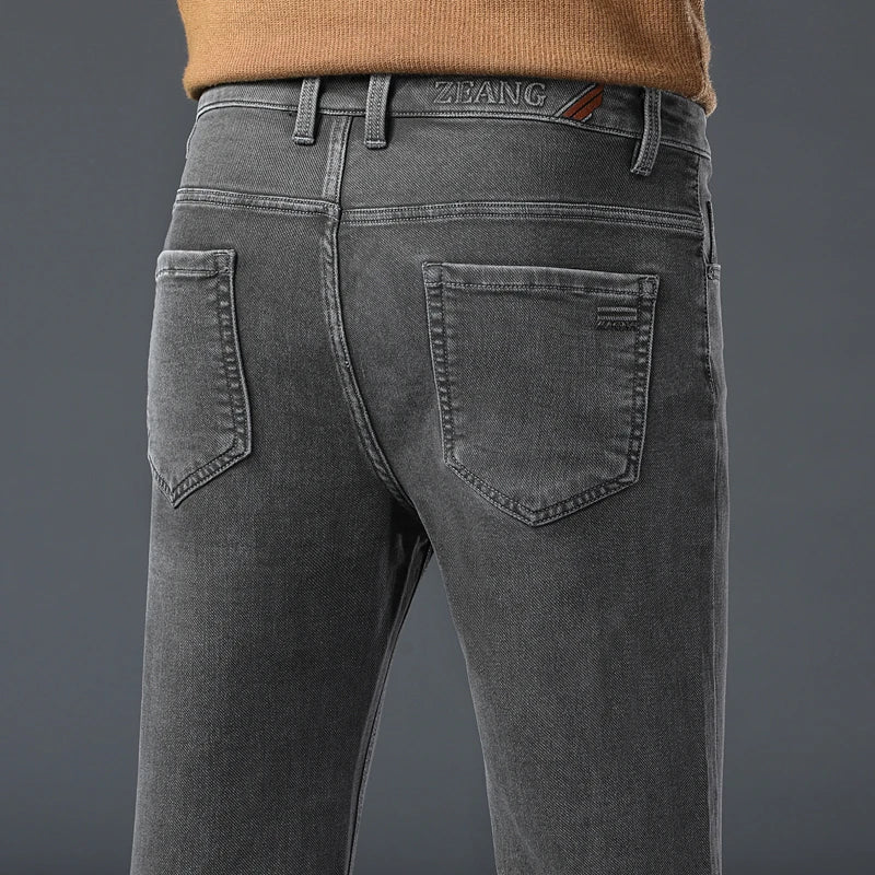 Calças Jeans Cinzas Masculinas Moda Primavera Outono Casual Elásticas Clássicas Retas para Trabalho Vintage em Denim Lavado