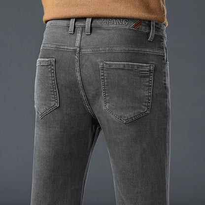 Calças Jeans Cinzas Masculinas Moda Primavera Outono Casual Elásticas Clássicas Retas para Trabalho Vintage em Denim Lavado