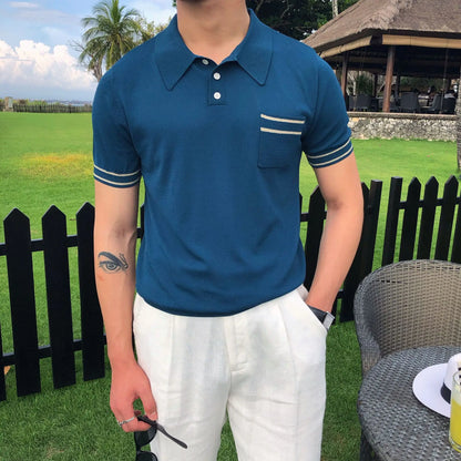 Camisa polo de manga curta de malha masculina, blusa casual de negócios, polo Slim Fit, primavera verão, camiseta listrada moda, camiseta com gola polo, malhas