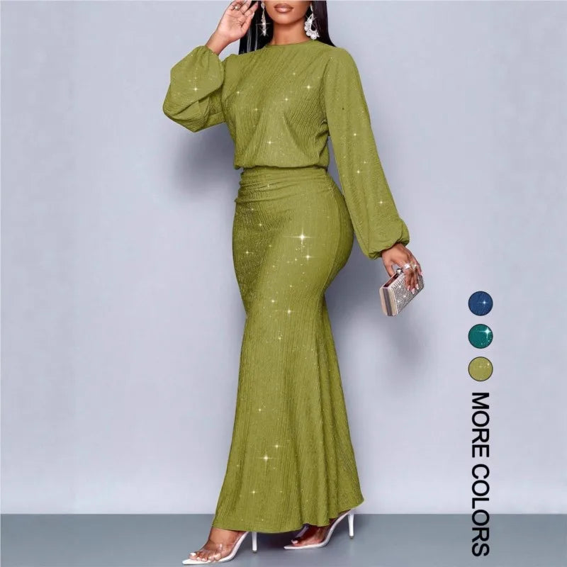 Vestido de Noite Elegante para Mulheres, Decote Redondo, Manga Longa, Saia em Cauda de Peixe Plissada, Vestido Sexy Longo e Slim para Primavera e Verão