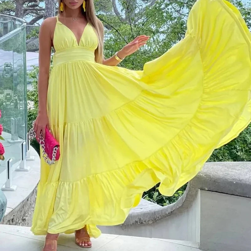 Vestido Feminino Elegante de Verão com Decote V Profundo, Cintura Alta, Sem Mangas, Cor Sólida e Saia Ampla, Ideal para Festas na Praia