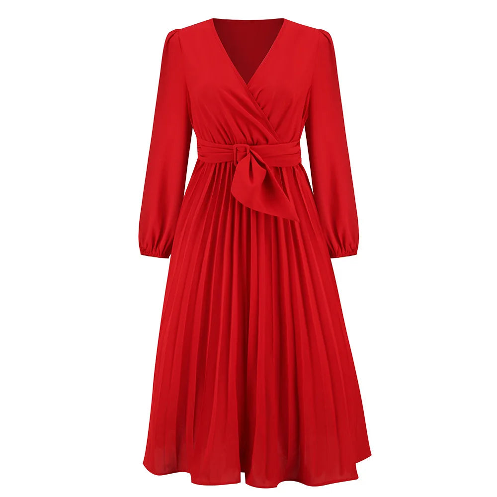 Elegante feminino verde chiffon outono/inverno manga longa fino ajuste vestido plissado moda feminina com decote em v cinto vestidos de festa S-2XL