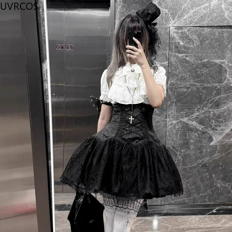 Estilo gótico japonês strass arco saia conjunto feminino doce rendas babados camisas bandagem fina mini saia feminina lolita y2k outfits