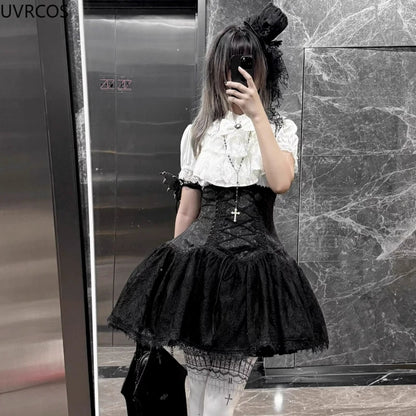 Estilo gótico japonês strass arco saia conjunto feminino doce rendas babados camisas bandagem fina mini saia feminina lolita y2k outfits
