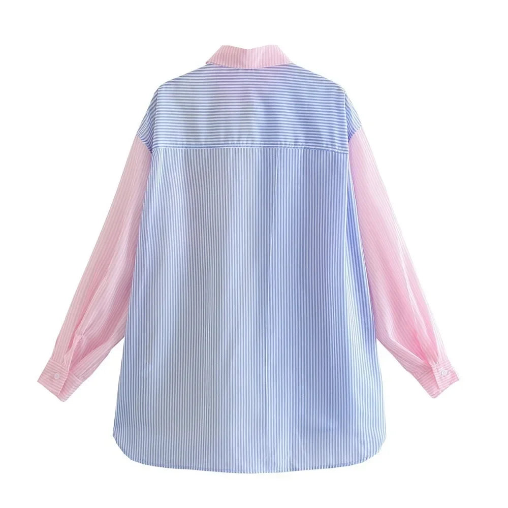 Camisa Feminina Casual de Manga Longa com Gola e Botões, Estampa Listrada em Blocos de Cores Pastel, Blusa Túnica para o Dia a Dia