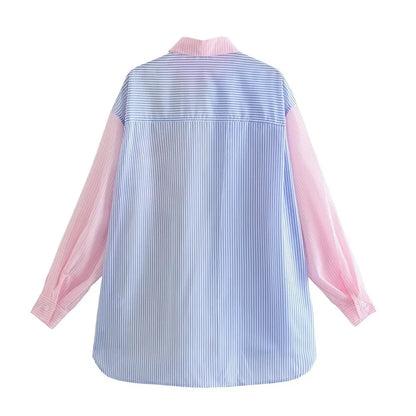 Camisa Feminina Casual de Manga Longa com Gola e Botões, Estampa Listrada em Blocos de Cores Pastel, Blusa Túnica para o Dia a Dia