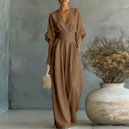 2026 Deep V Neck Women's Jumpsuits Elegant Solid High Waist Rompers Casual Wide Leg Pants Pocket Overalls Vacation Outfit Loose