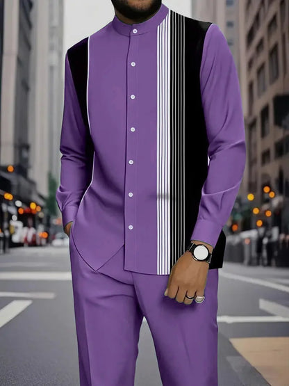 Conjunto de duas peças masculino com camisa de manga comprida com gola alta e estampa de listras verticais coloridas e calça.